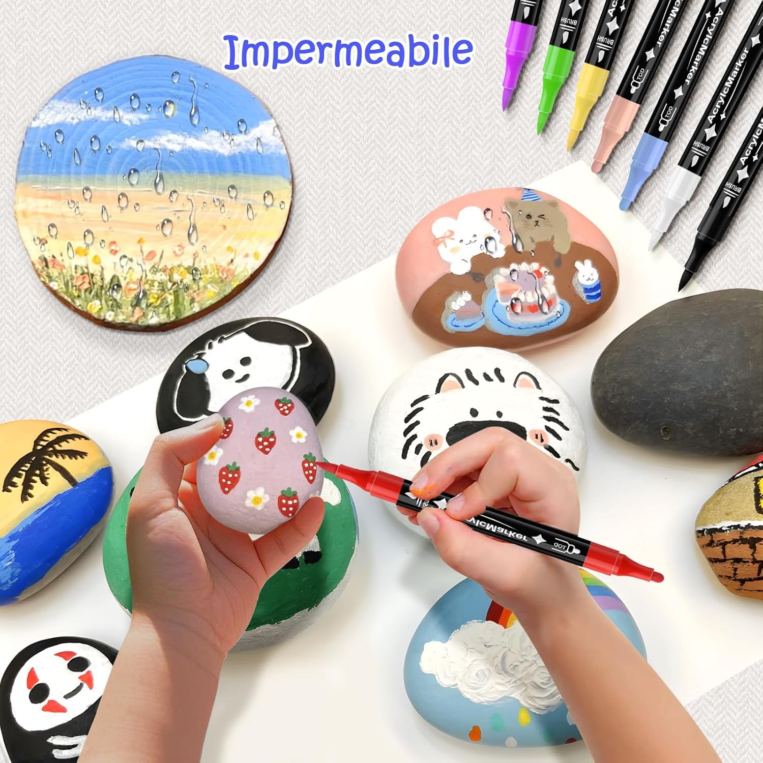 Thumbnail 3 de Dictien 24 Colori Pennarelli Acrilici Doppia Punta | Set Doppia Punta 3 mm + Pennello 1–5 mm perSuperficie Vetro, Pietra, Legno, Tessuti