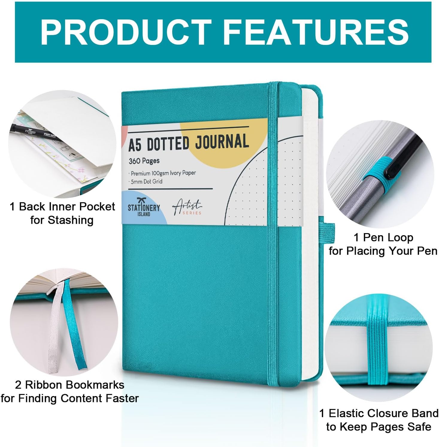 Detalle de STATIONERY ISLAND Bullet Dotted Journal A5 – thick 100gsm notebook with pen holder, inner pocket & 2 bookmarks