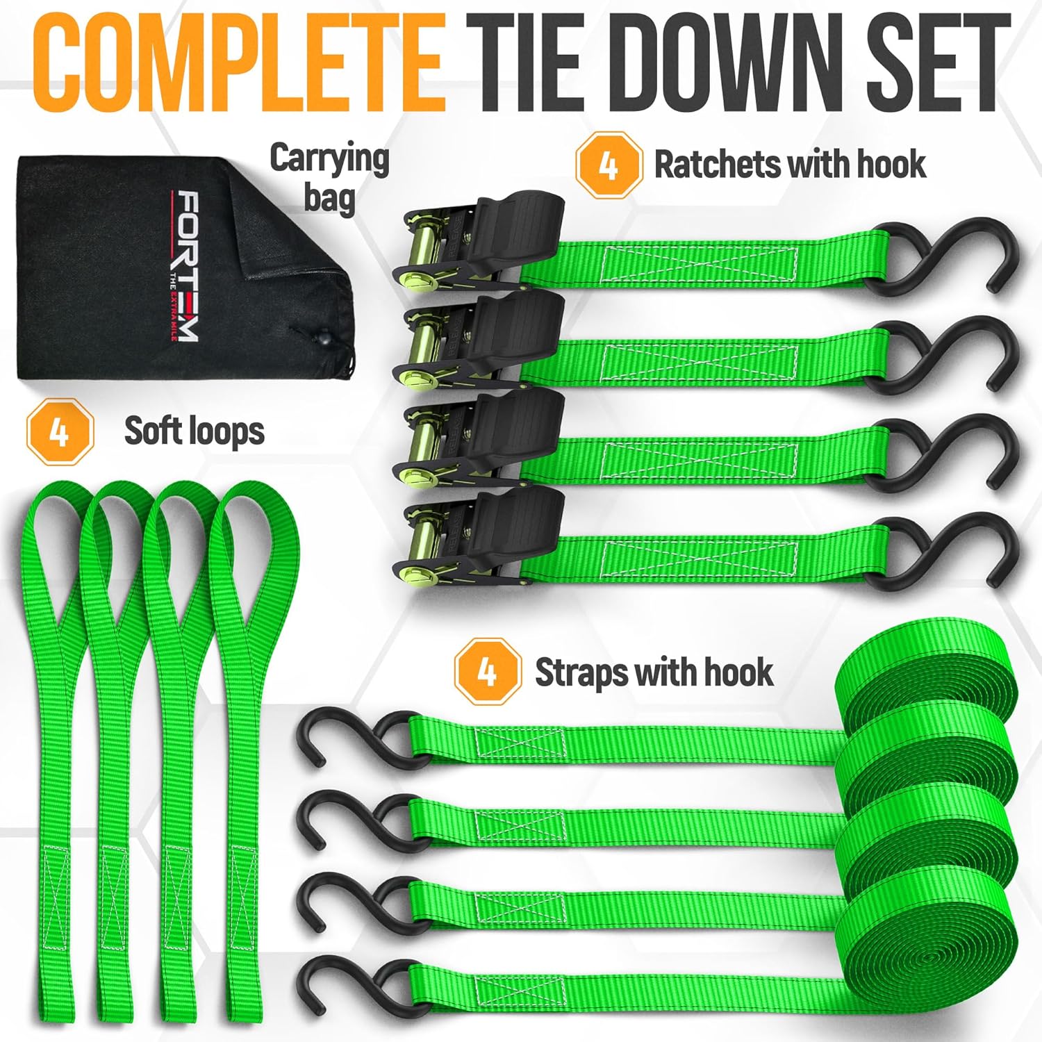 Detalle 2 de FORTEM Ratchet Straps Tie Down Kit (4-pack) – 748kg break strength, 4.6m x 2.54cm straps