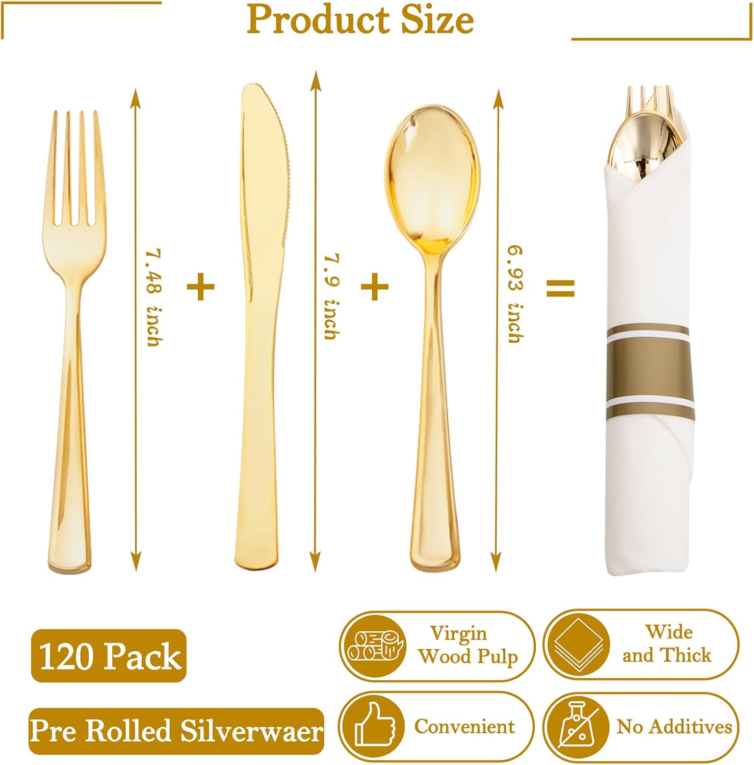 Detalle de Supernal 120Pack Gold Plastic Silverware Wrapped with Napkin