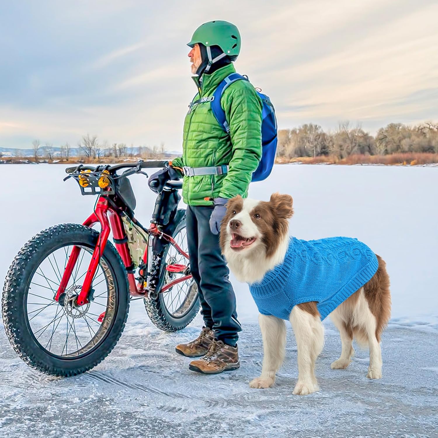Detalle de SCENEREAL Medium Dog Sweater in Lake Blue, Knitted Turtleneck with Leash Hole