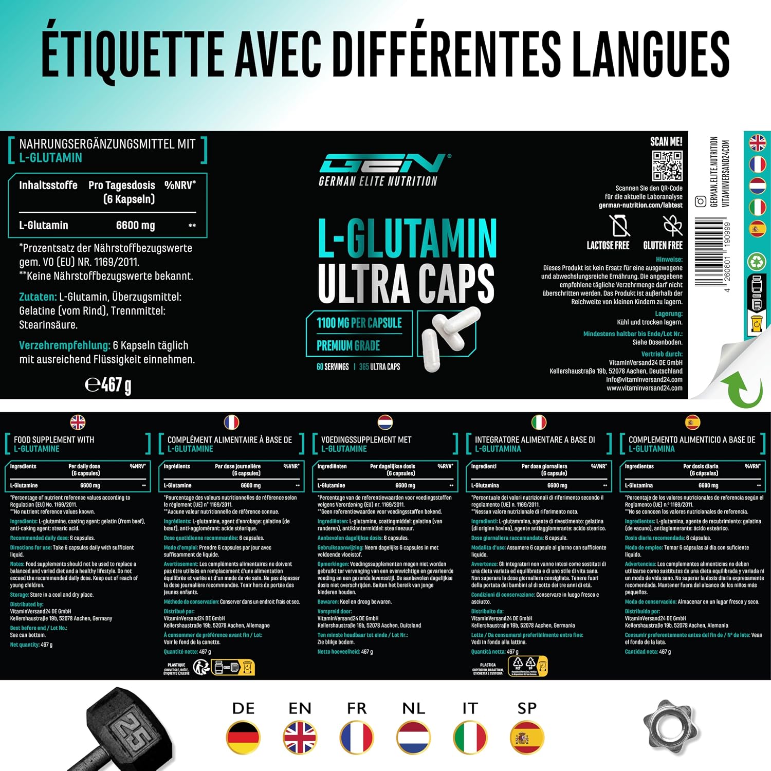 Detalle 2 de GEN German Elite Nutrition L-Glutamine Ultra Caps – 365 gélules de 1.100 mg (L-glutamine pure)