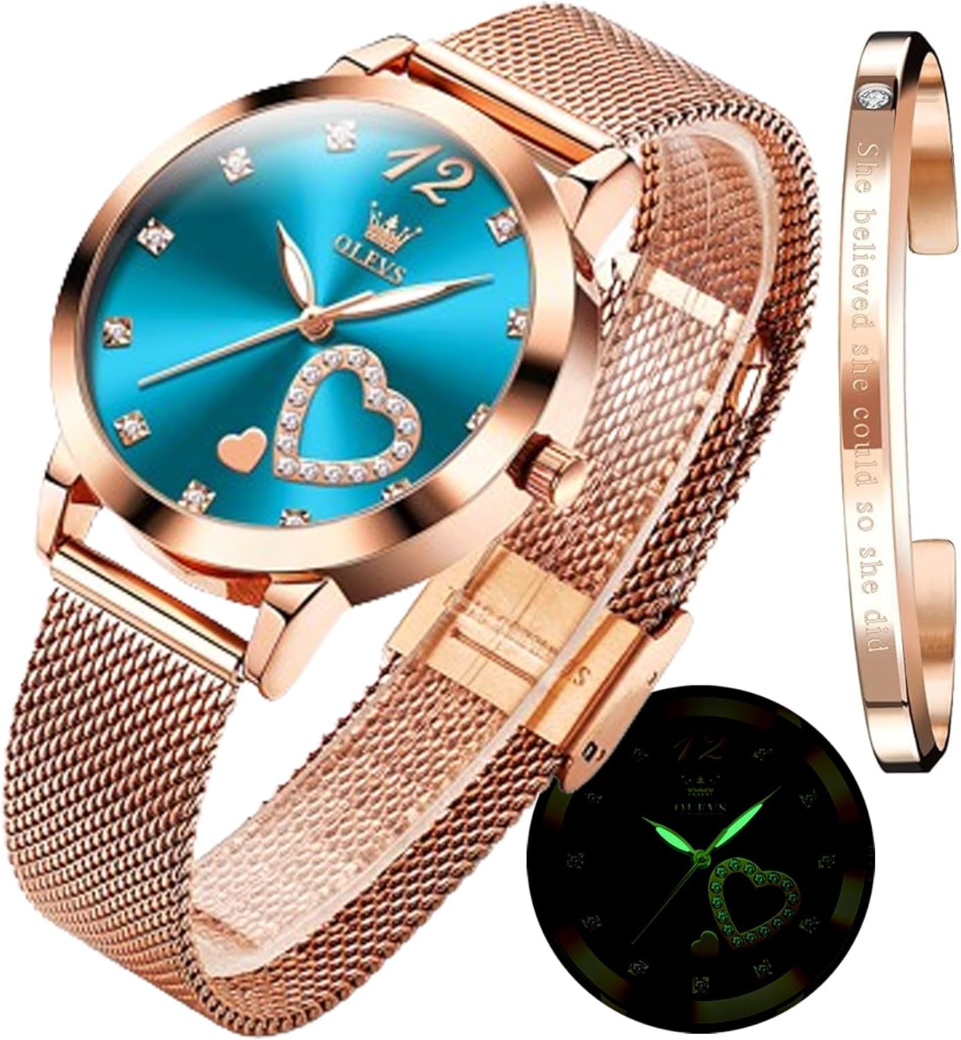 Detalle de OLEVS Femmes Montre Luxe Or Rose Ultra-Mince avec bracelet maille inox étanche 30 m