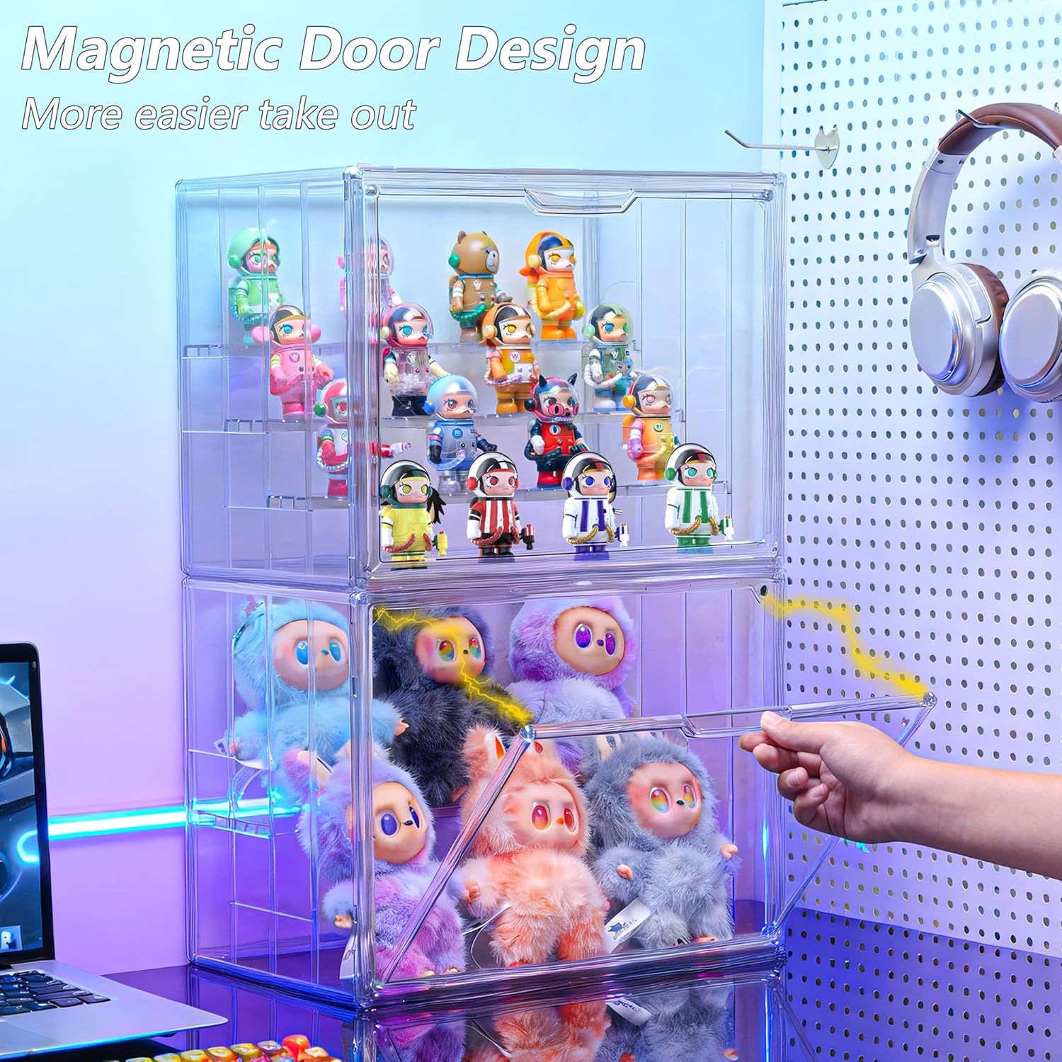 Detalle de Clear Acrylic Display Case for Collectibles: 4-Layer, Magnetic Door, Stackable 14-Inch Shelf