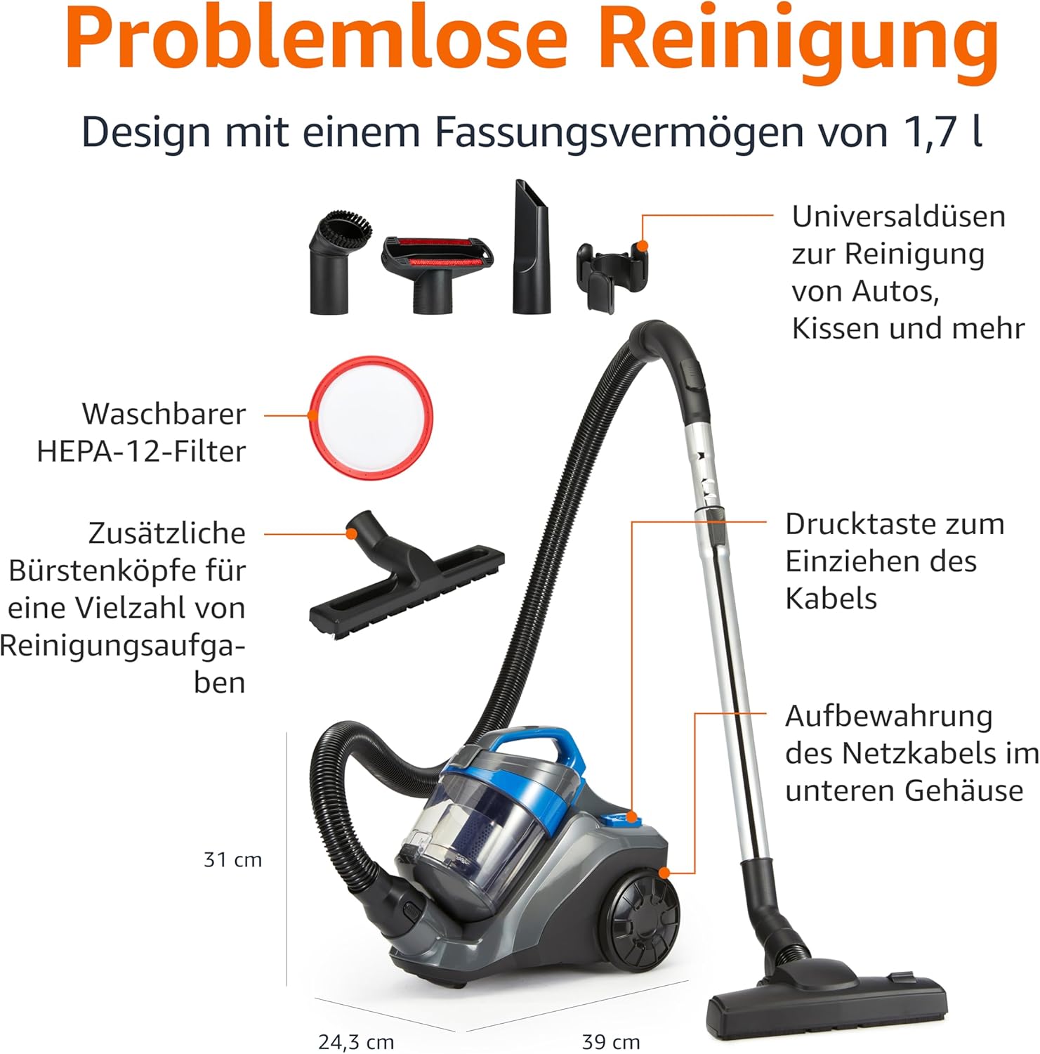 Detalle 2 de Amazon Basics Bodenstaubsauger ohne Beutel 1.7L – Kompakt, 850 W, HEPA-Filter, 3-Fach-Aktionsdüse