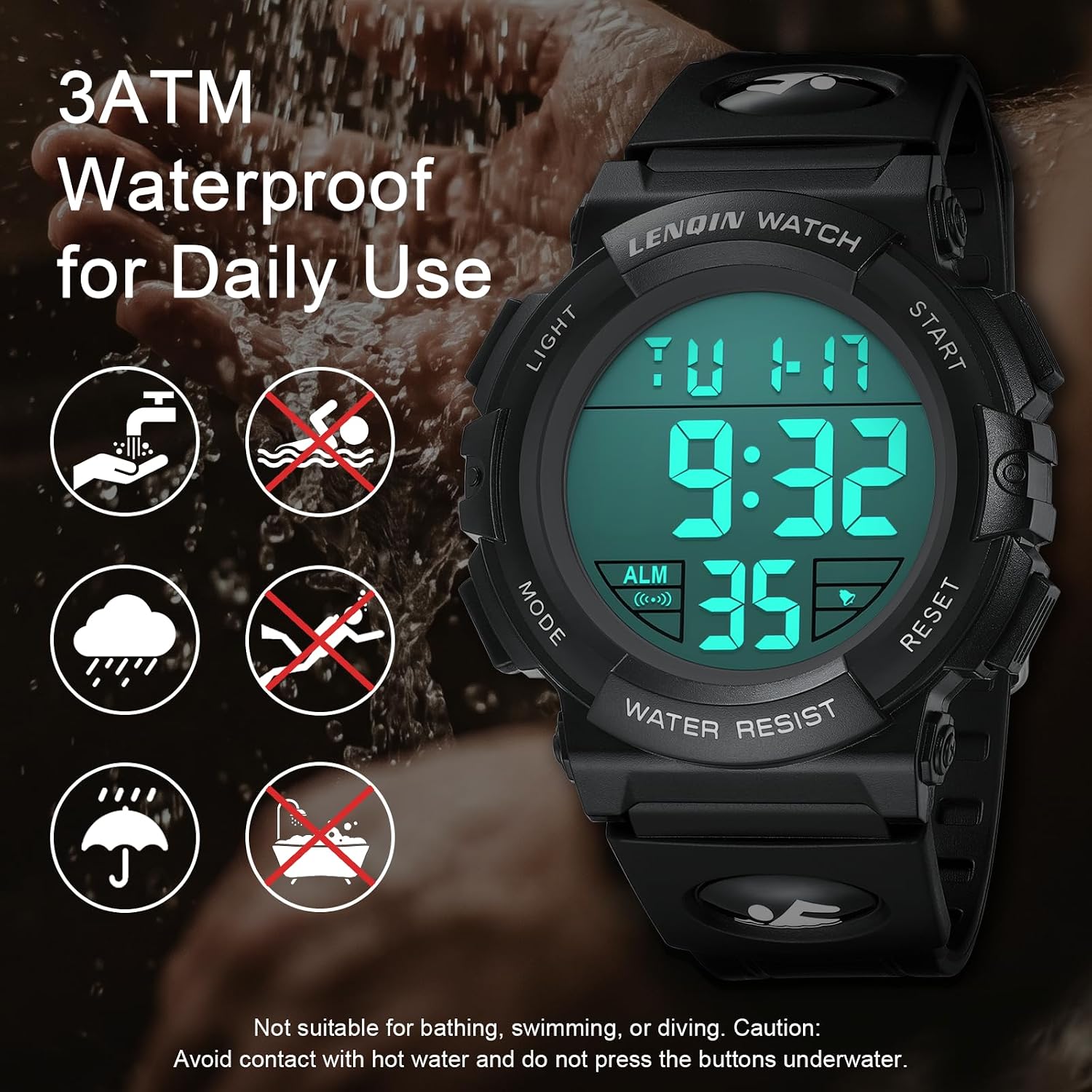 Detalle de LN LENQIN Digitaluhr Herren – 49 mm Display, 3ATM, Stoppuhr, Kalender, Silikonband