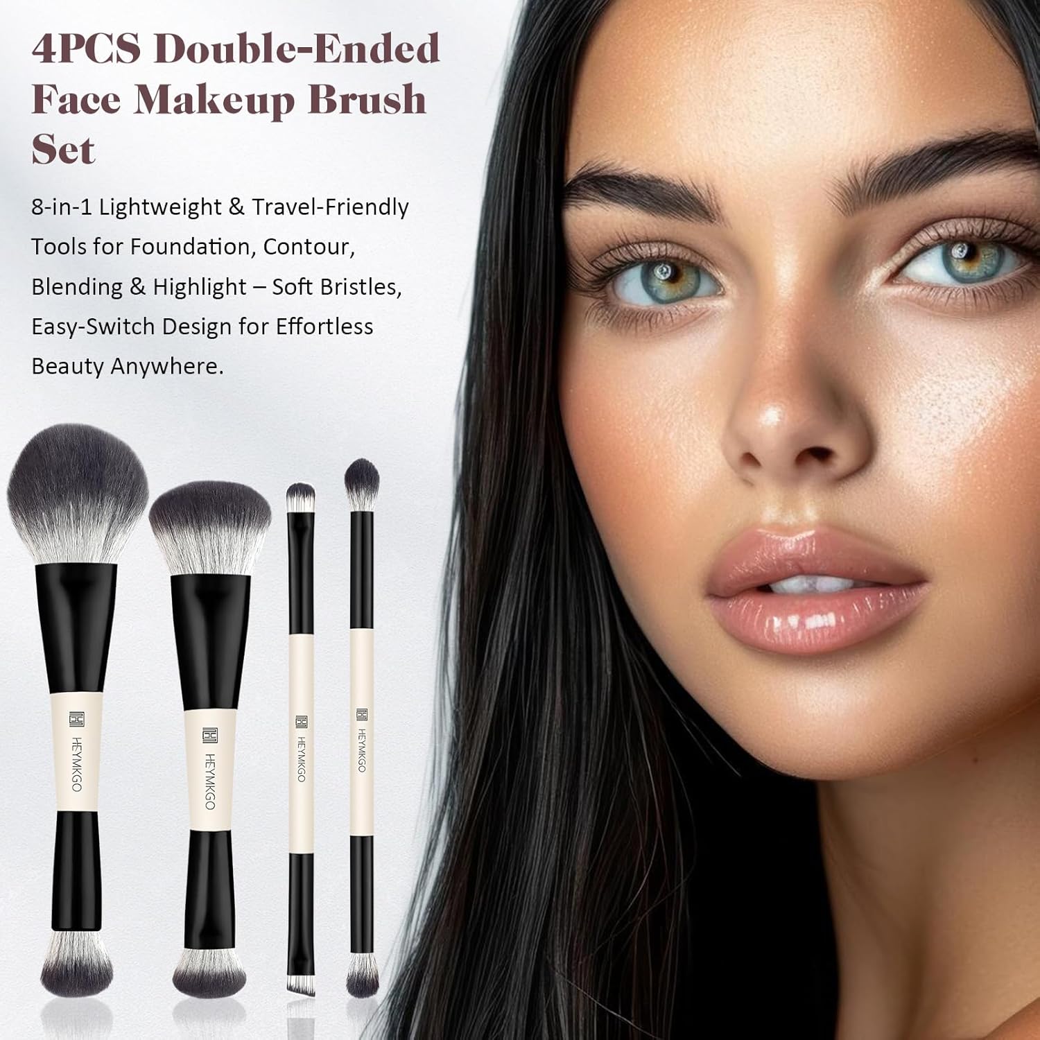 Thumbnail 4 de HEYMKGO 4er-Set Foundation-Pinsel Dual-Ended: Kontur-/Abdeckpinsel für Flüssig-, Creme- und Puder-Make-up, Schwarz (Reise-Set)