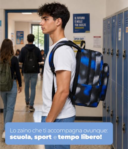 Detalle de Seven Freethink Zaino Scuola Media Ragazzo, Blu/Nero 34L – Doppio Scomparto con Porta PC e Borraccia