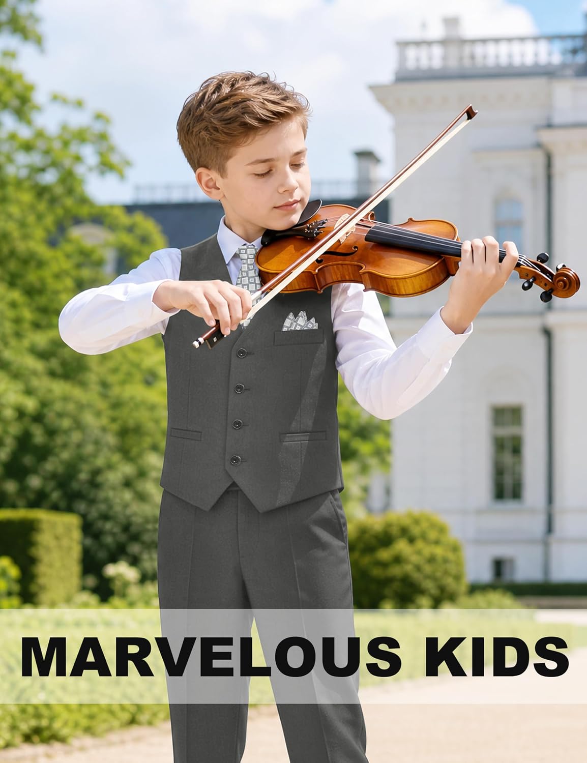 Thumbnail 3 de Marvelous Kids Boys’ 6-Piece Formal Slim Fit Suit Set (Vest, Pants, Shirt, Tie, Pocket Square, Bow Tie)