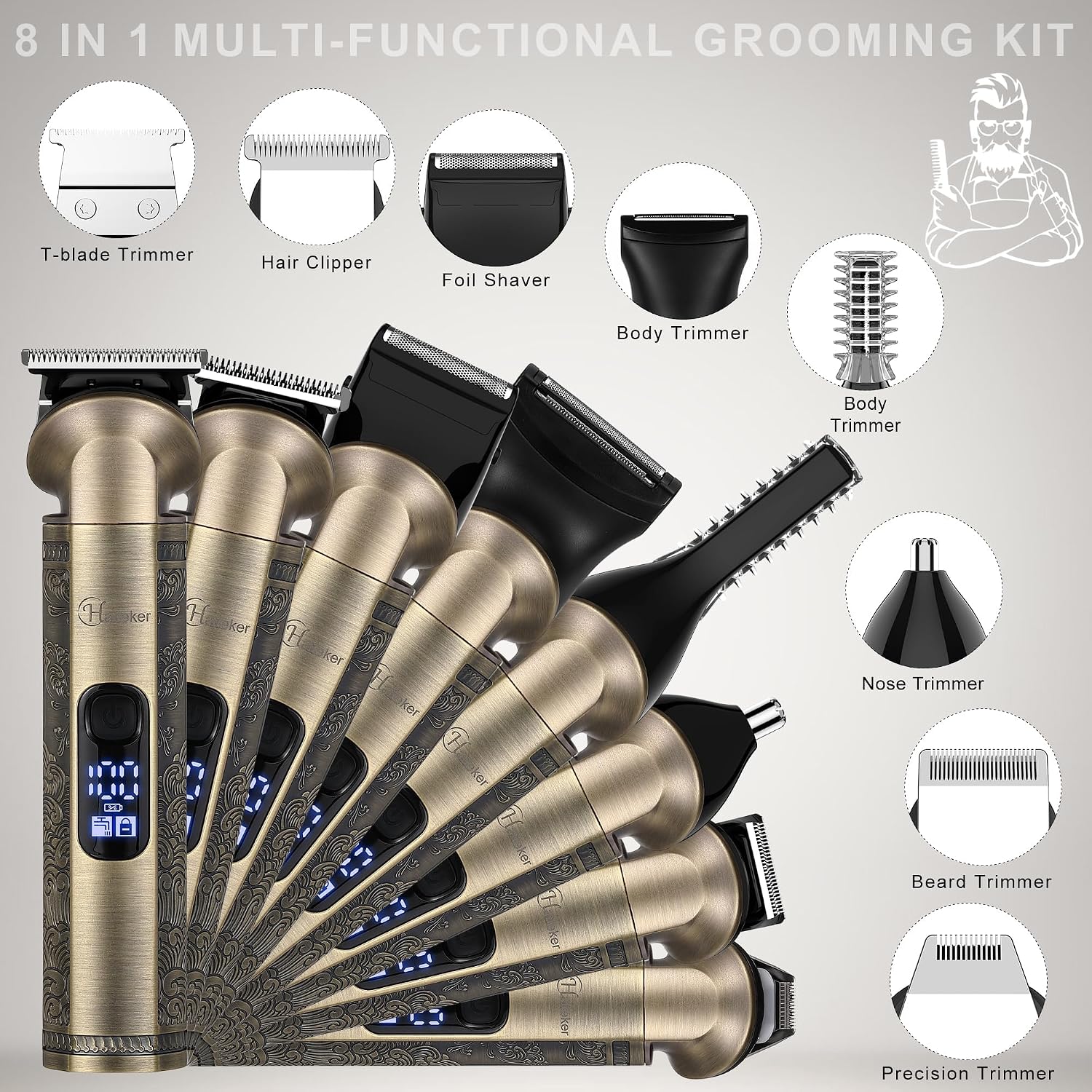 Detalle de Hatteker 8-in-1 Beard Trimmer Kit: Pro Grooming Cordless Hair Clipper with Zero-Gapped T-Blade