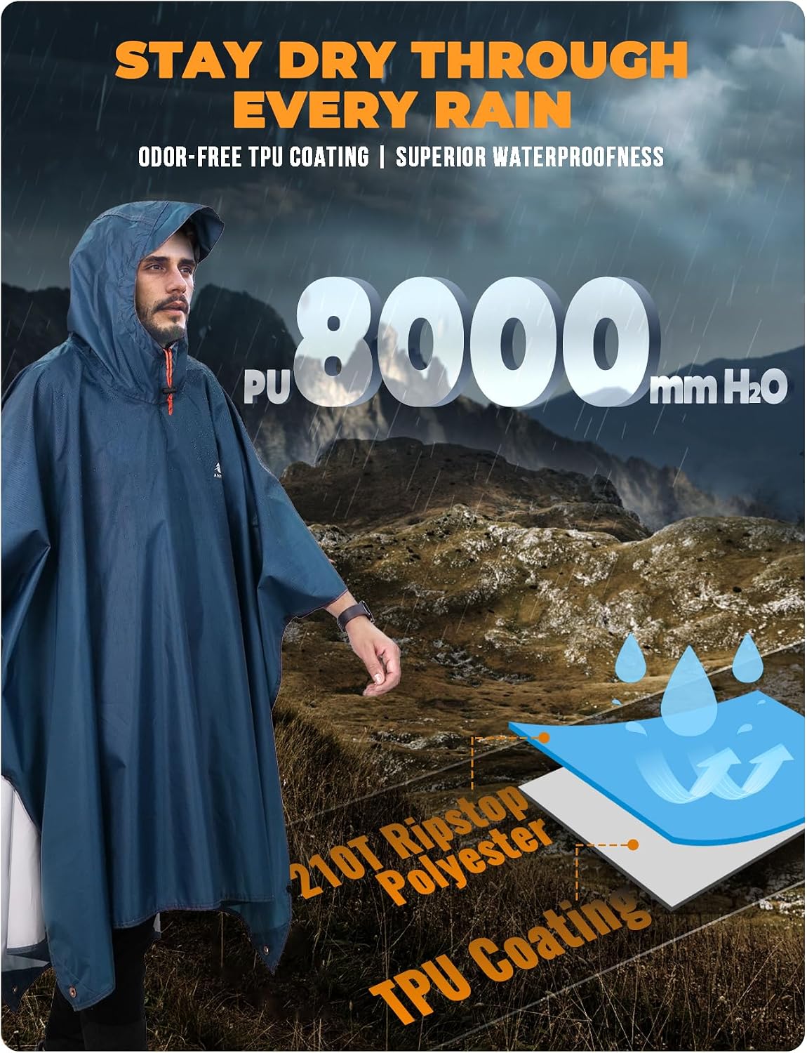 Thumbnail 2 de ANYOO Leichter wasserdichter Regenponcho – atmungsaktiv, faltbar und vielseitig