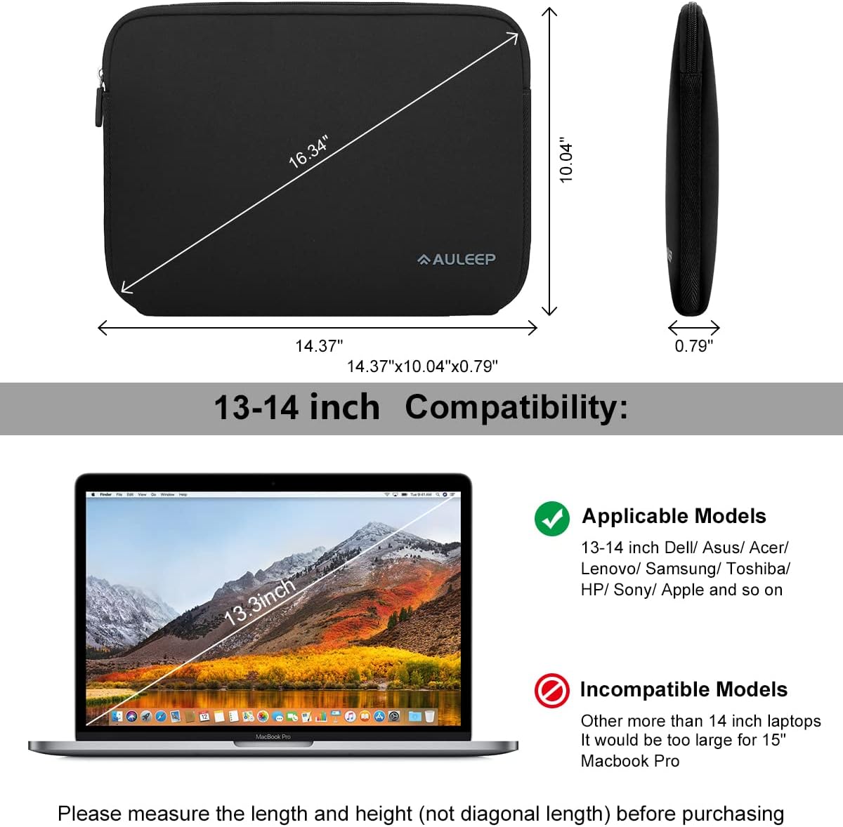 Detalle de AULEEP 13–14 Inch Neoprene Laptop Sleeve: Lightweight, Water-Resistant Protection