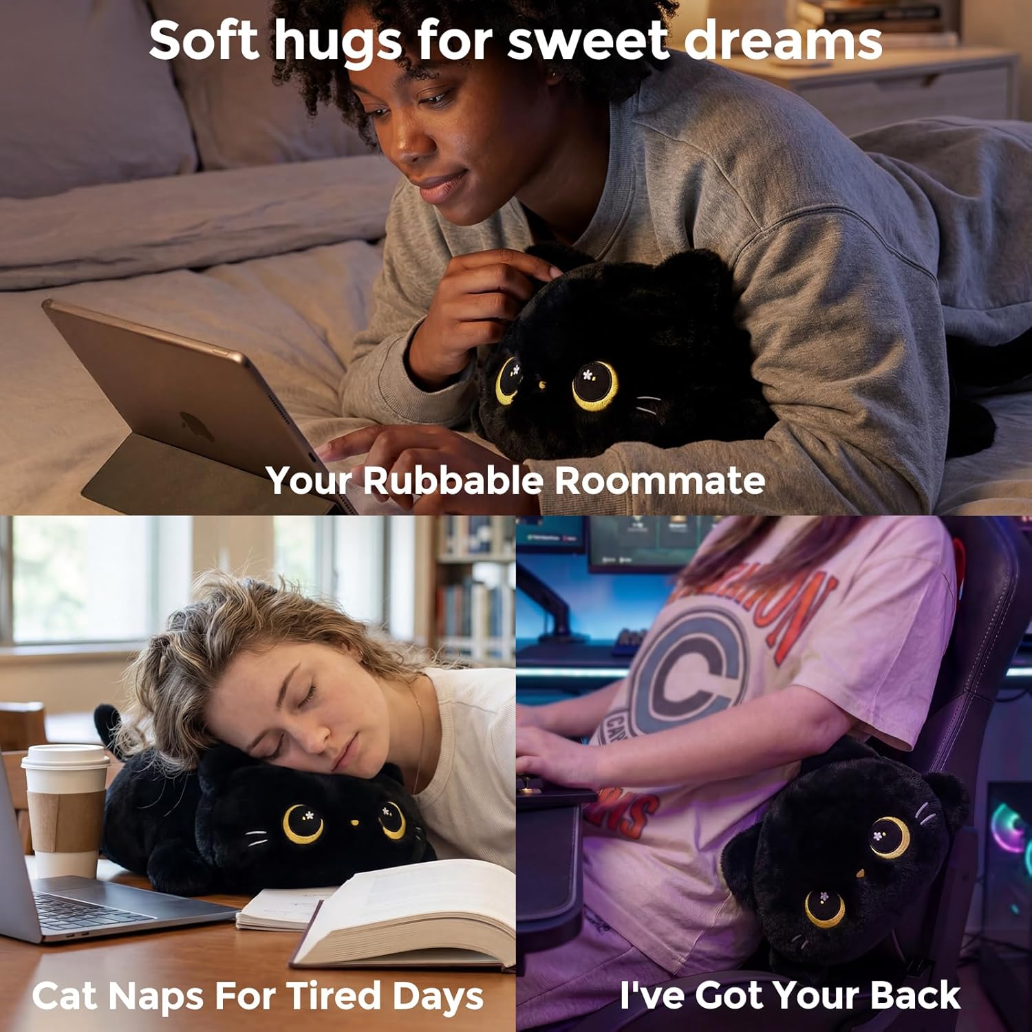Thumbnail 3 de Mewaii Cute Black Cat Plush Pillow (Kawaii squishy stuffed cat) – Cuddle cushion for kids & girls, 13 inch