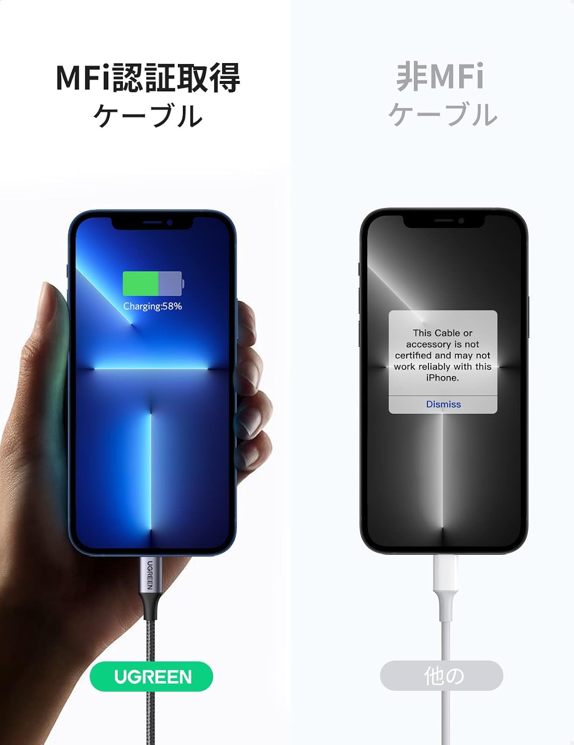 Thumbnail 2 de UGREEN USB-C・Lightningケーブル 2m、MFi認証・PD 20W対応、ナイロン編み