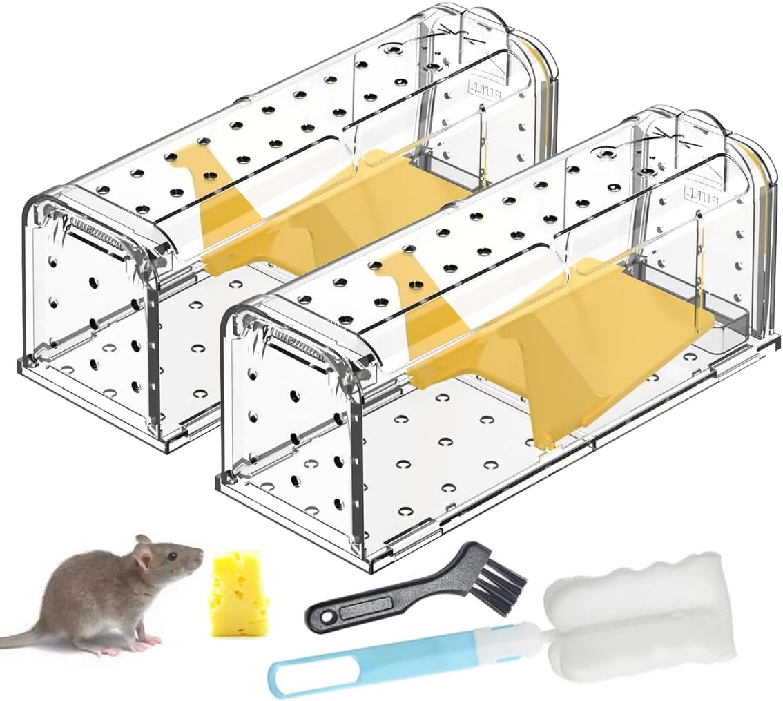 2 Pack Humane Mouse Traps for Indoors No Kill Live Catch – Pets & Children Friendly, Reusable with Cleaning Brush