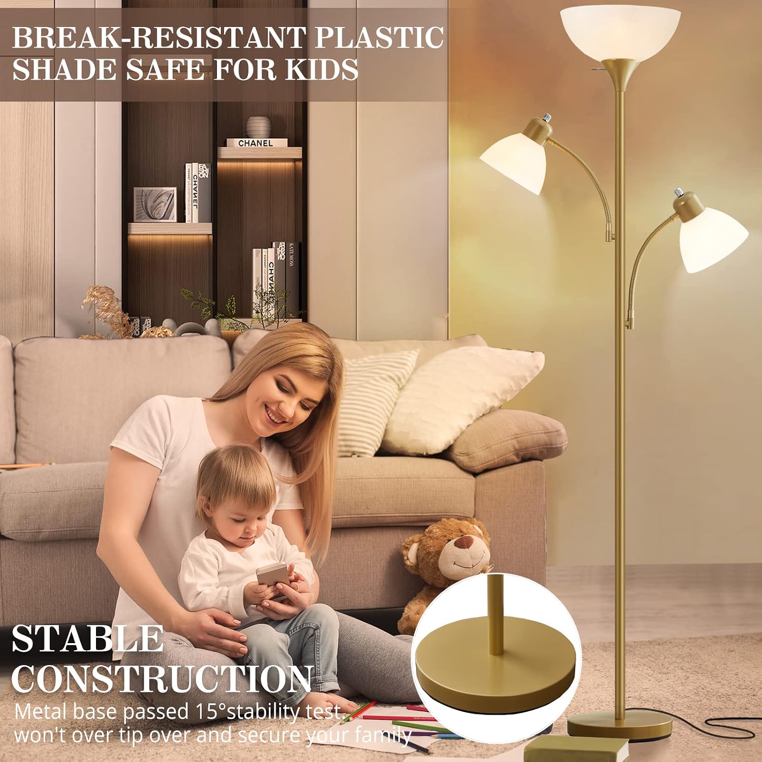 Detalle 2 de Luvkczc F00053 Torchiere Floor Lamp with Two Reading Lights, 3 LED Bulbs