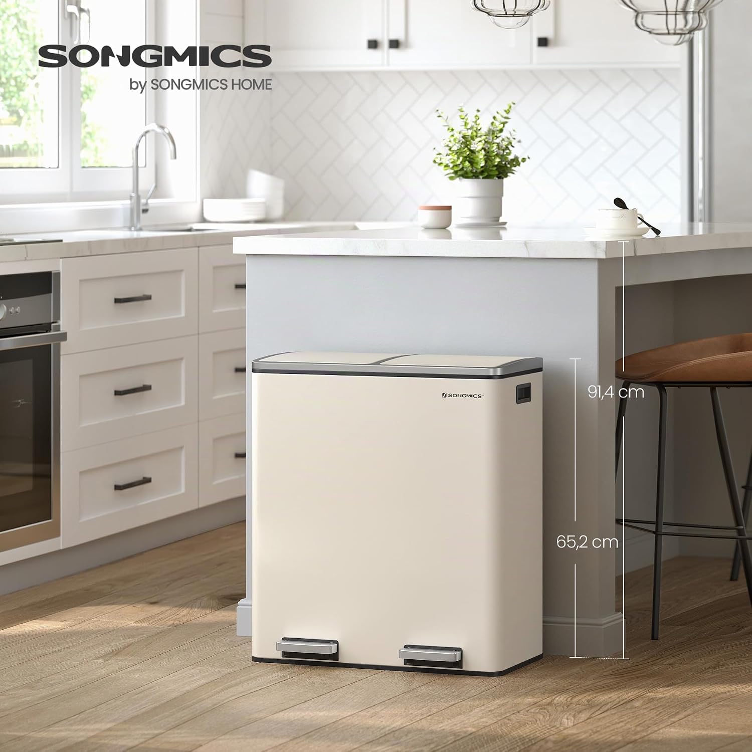 Detalle 2 de SONGMICS Mülleimer 2x30 L – 2 Fächer, Mülltrennsystem, Treteimer mit Softclose und 15 Müllsäcken (Mandelfarben, LTB060A01)