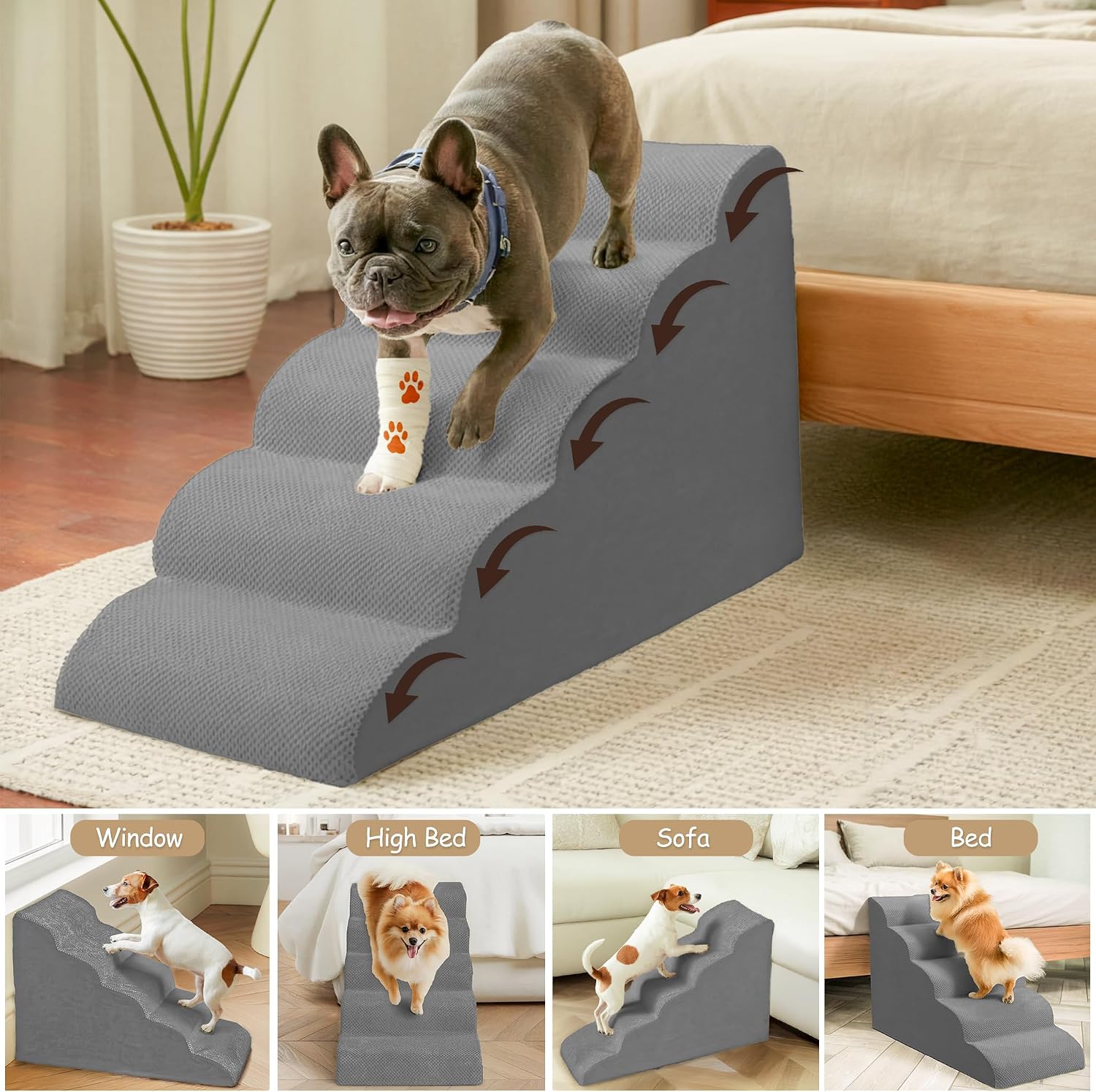 Thumbnail 4 de Niubya 4 Step Dog Stairs for High Beds – Extra Tall Foam Pet Ramp (Grey, 72x42x52 cm)