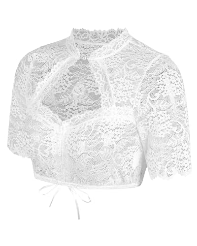 Detalle de Goxozzy Dirndl Bluse Damen – Spitzen-Dirndlbluse mit Perlenknöpfen, Weiß/Schwarz, Größe 34–44
