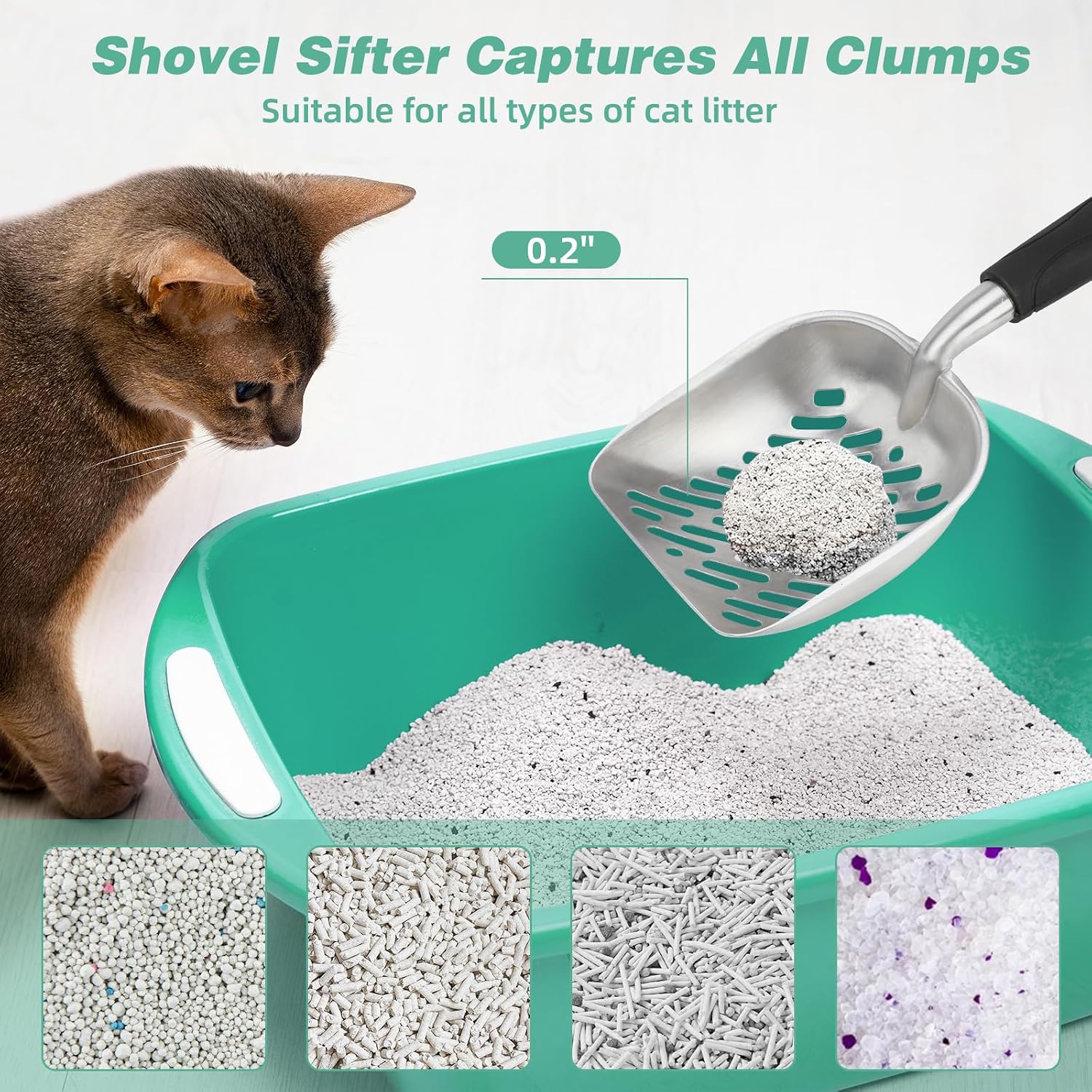 Detalle de Mfsdai Aluminium Cat Litter Scoop with Holder – Ergonomic Long Handle, 5 mm Sieve & 2-in-1 Waste Container (Green)