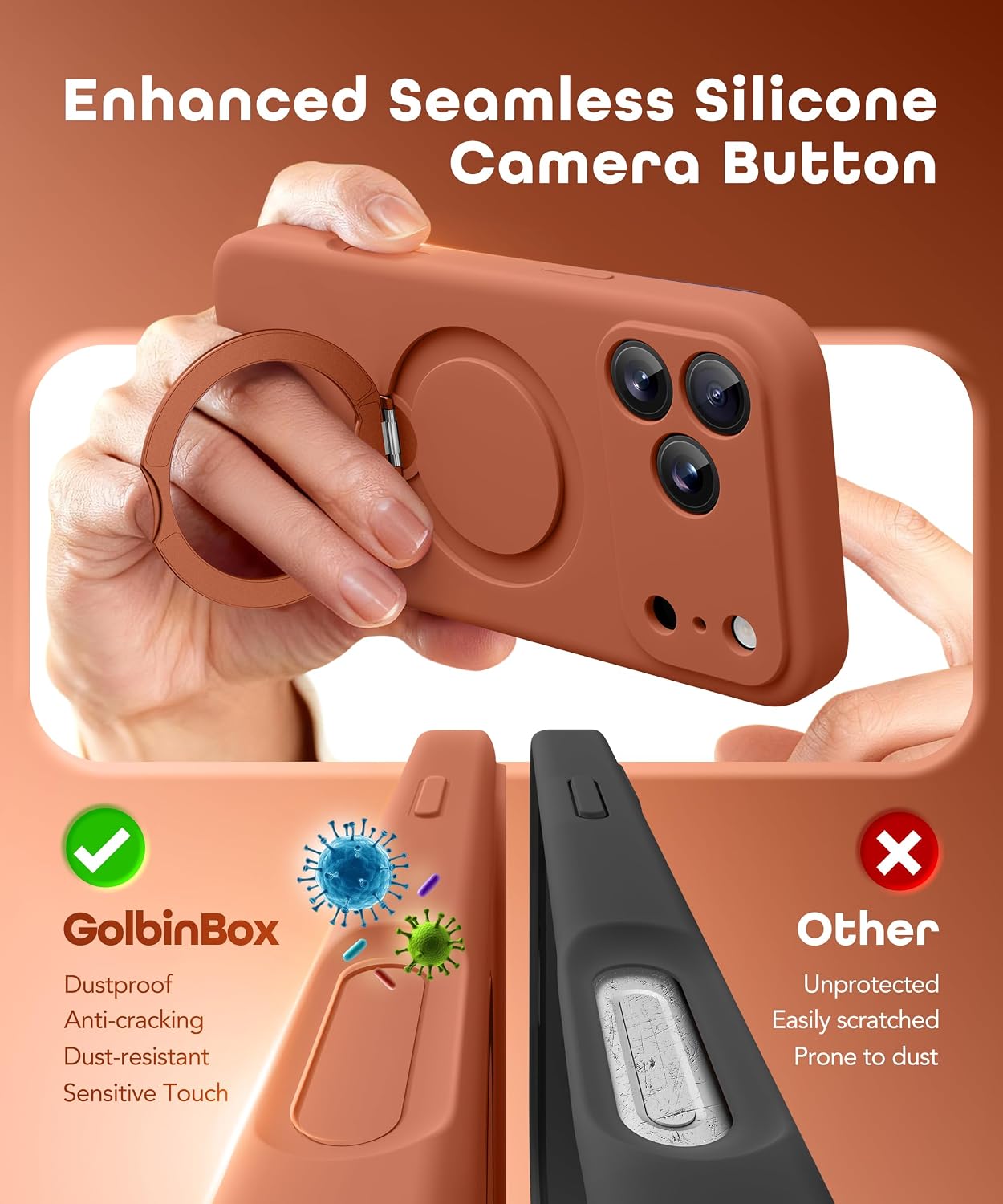 Detalle de GolbinBox for iPhone 17 Pro Max Case with 360° Spin Magnetic Stand (Orange Rust)