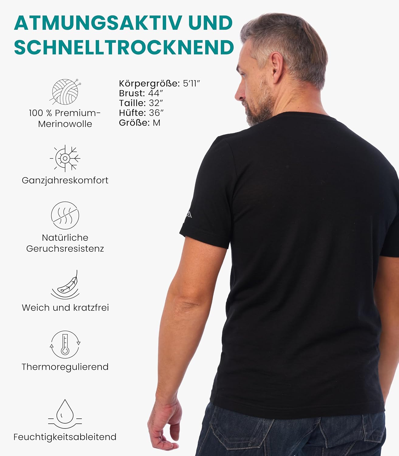 Thumbnail 1 de 100% Merino Wolle Herren T‑Shirt – Leichtes, atmungsaktives Merino-Unterhemd für Sport und Alltag