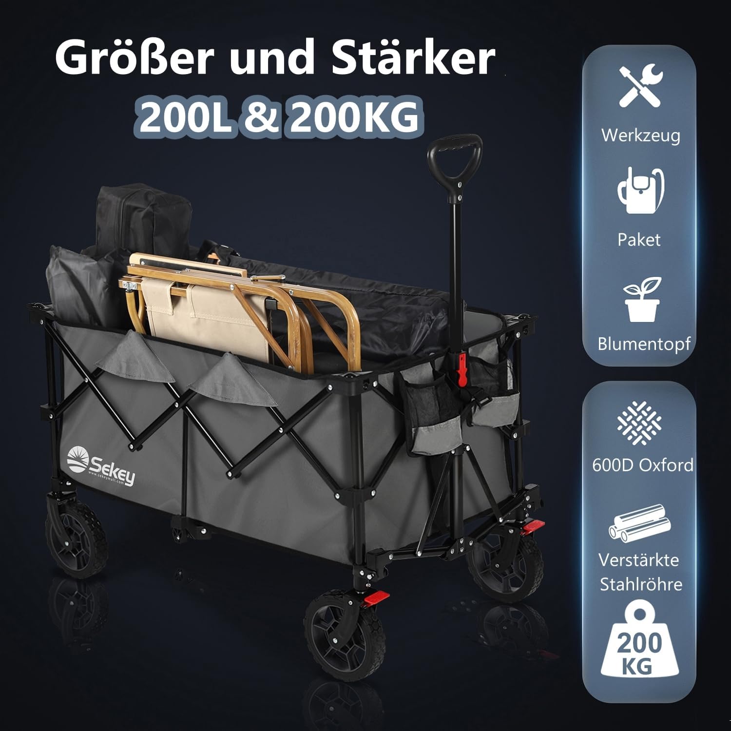 Thumbnail 3 de Sekey XXL Plus Bollerwagen Faltbar 200L / 200kg Tragkraft – Geländetauglich mit Bremsen, patentiertes Vier-Wege-Klappsystem