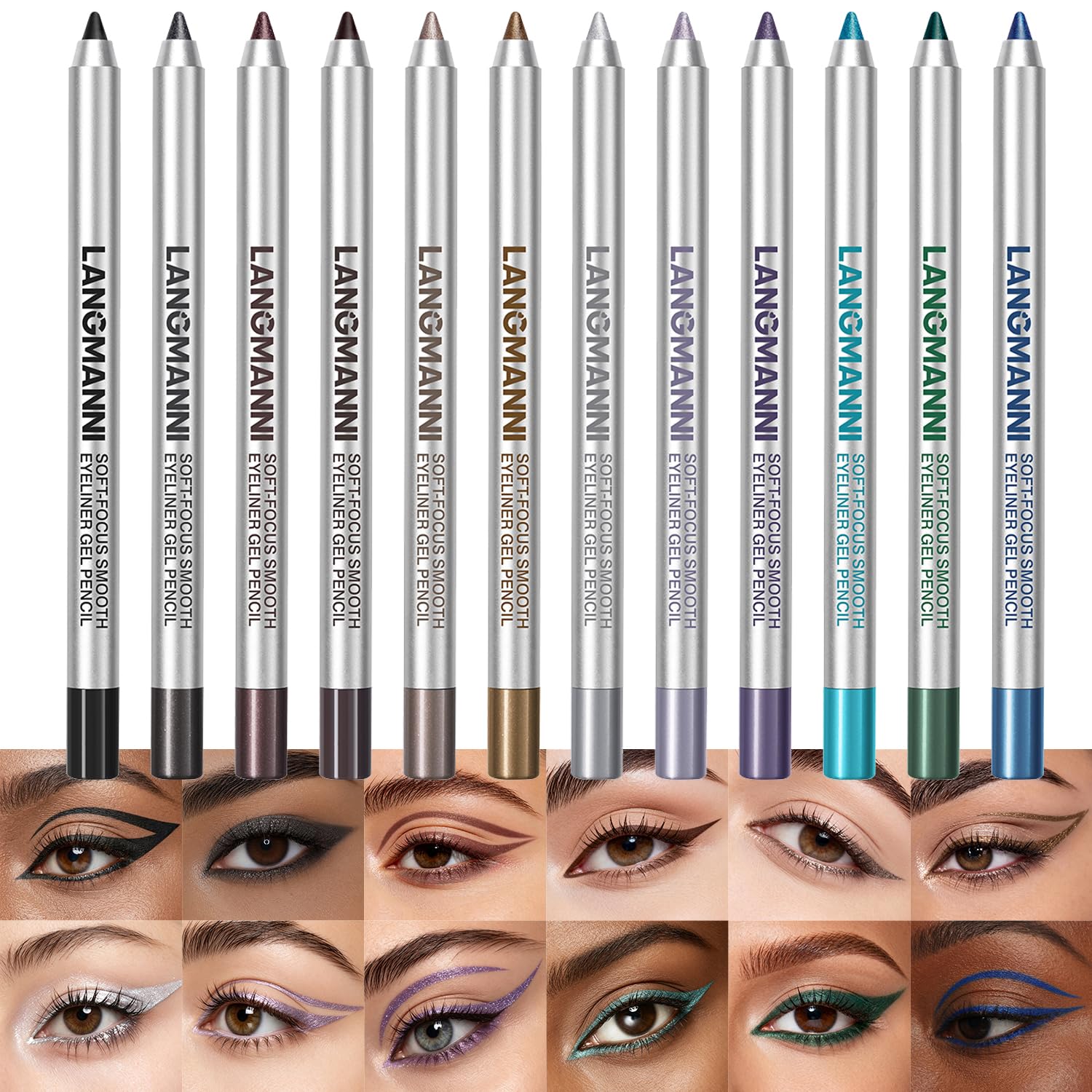 Detalle de LANGMANNI 12-Color Gel Eyeliner Pencil Set, Matte and Shimmer Shades