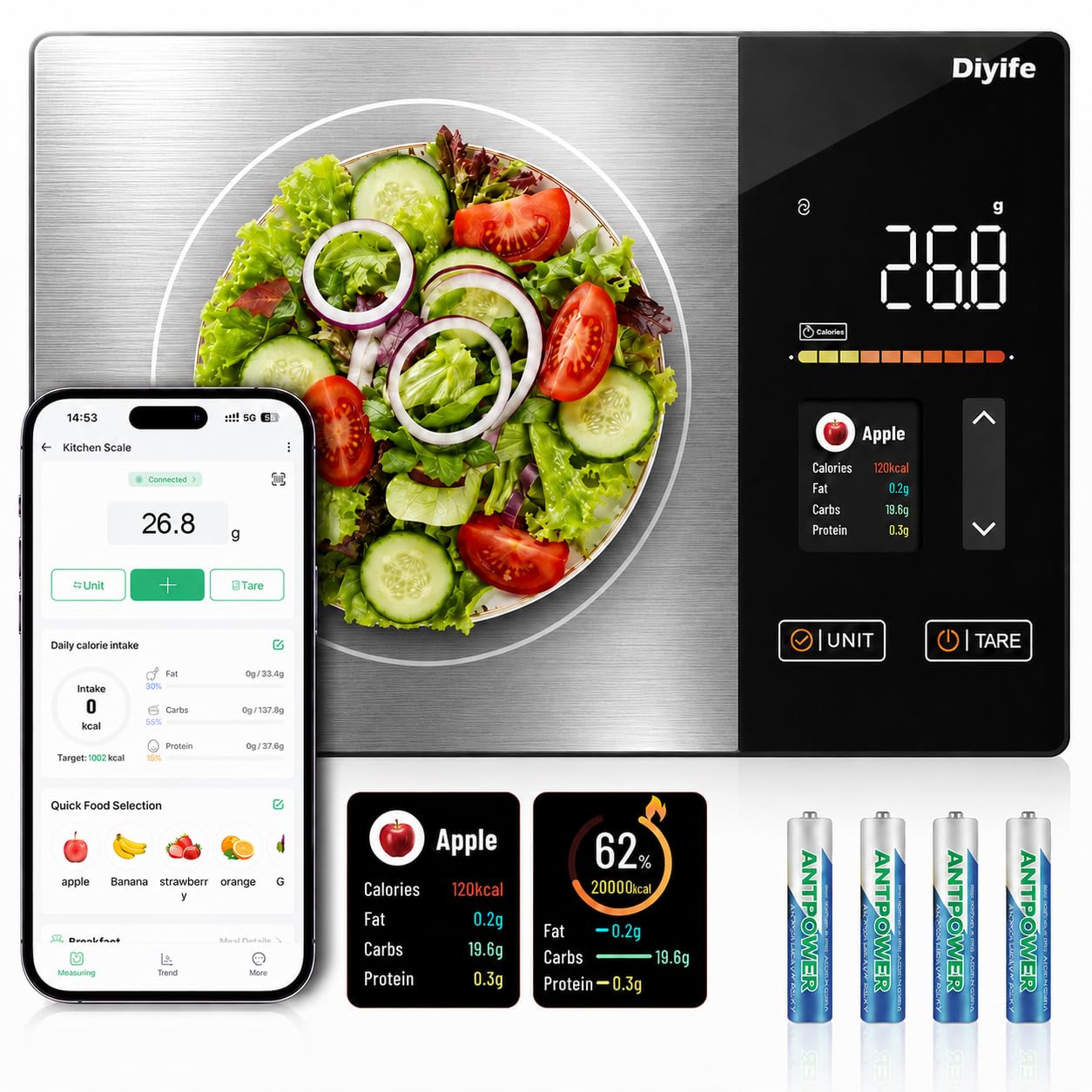Detalle de Diyife UKHMK27 Smart Food Scale with TFT Display and 25-Nutrient Tracking