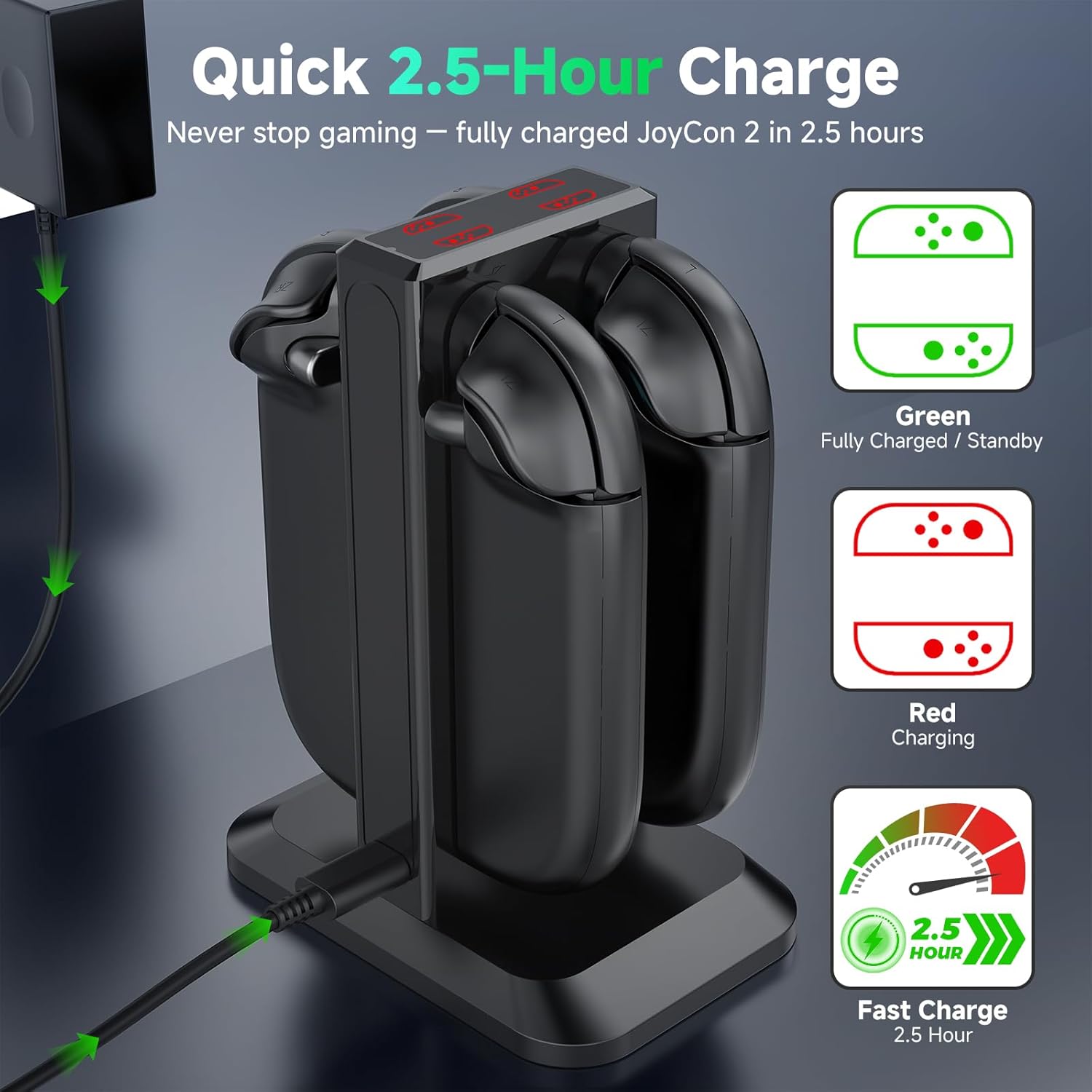 Detalle de YCCTEAM 4-in-1 Fast Charger Dock for Switch 2 Joy-Con (2025) with Magnetic Alignment and LED Indicators