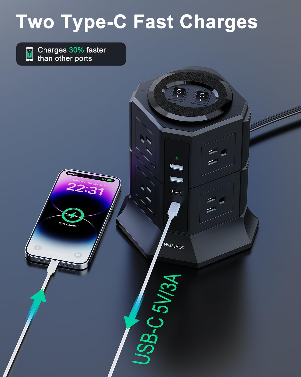 Detalle 2 de Surge Protector Tower 8 AC 4 USB Ports 6.5 ft ๐ชซ