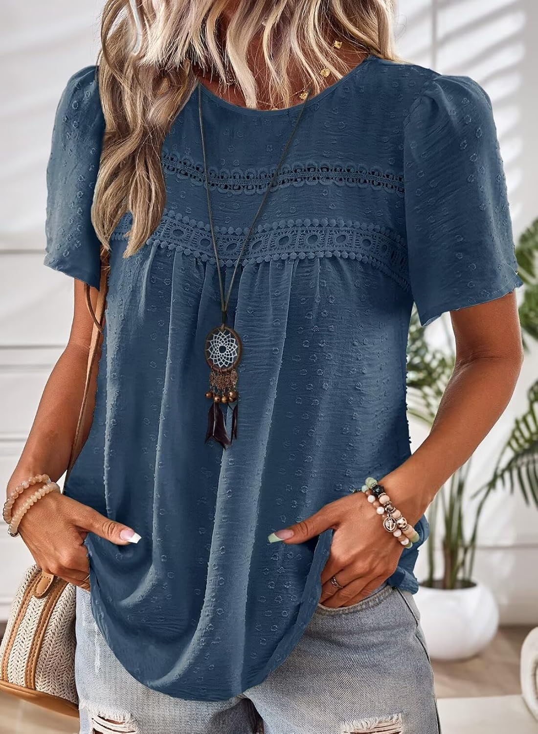 Thumbnail 3 de Falechay Women’s Summer Boho Blouse with Crew Neck, Crochet Lace Edges & Short Sleeves