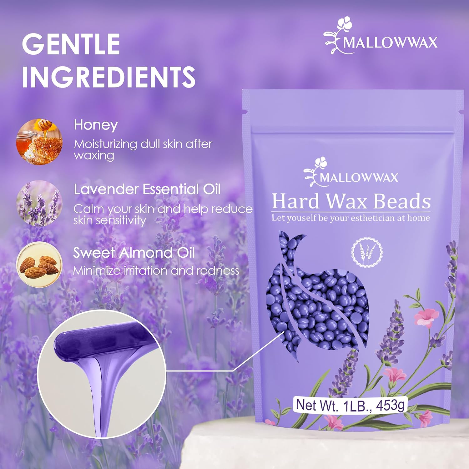 Detalle 2 de Mallowwax Hard Wax Beads, Lavender Stripless Wax for Coarse Hair, 16 Ounce