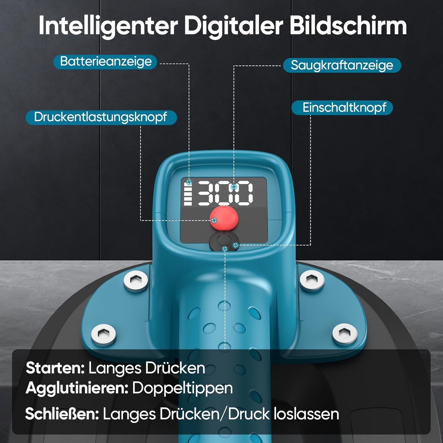 Detalle de Akku Saugheber mit 300-kg-Tragkraft, LCD-Anzeige & 4.000-mAh-Akku (2er-Set, 10" Saugnäpfe)