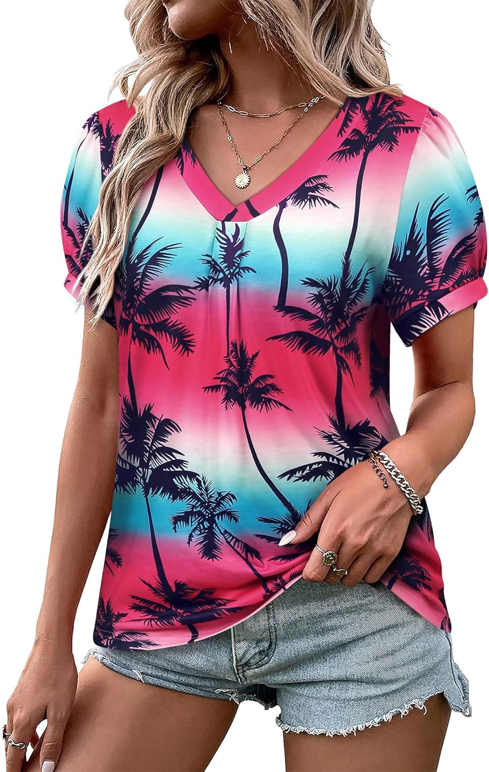 Thumbnail 4 de WIEIYM Women V Neck Pleated Puff Short Sleeve Tropical Floral Blouse