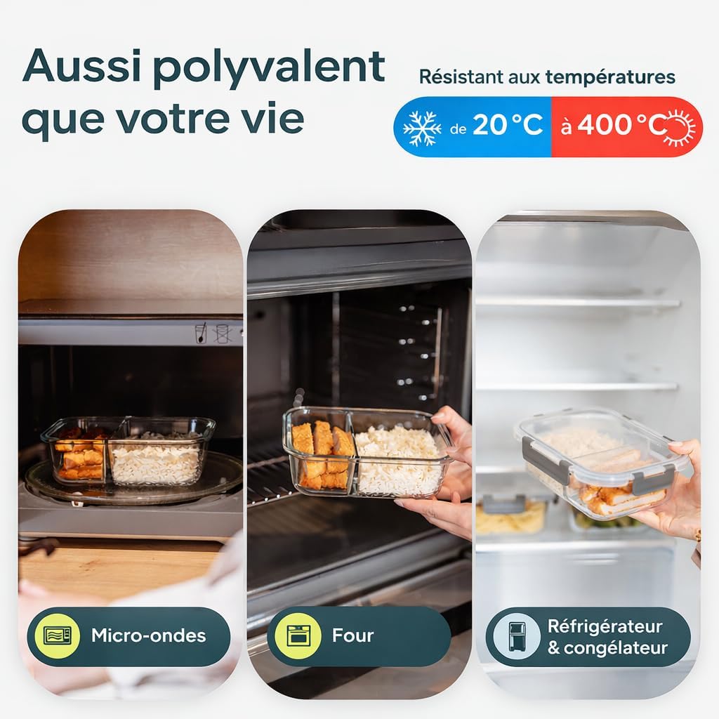 Detalle de Uandu Lot de 10 Boîtes Alimentaires en Verre Borosilicate – 370 ml et 1040 ml, hermétiques et sans BPA