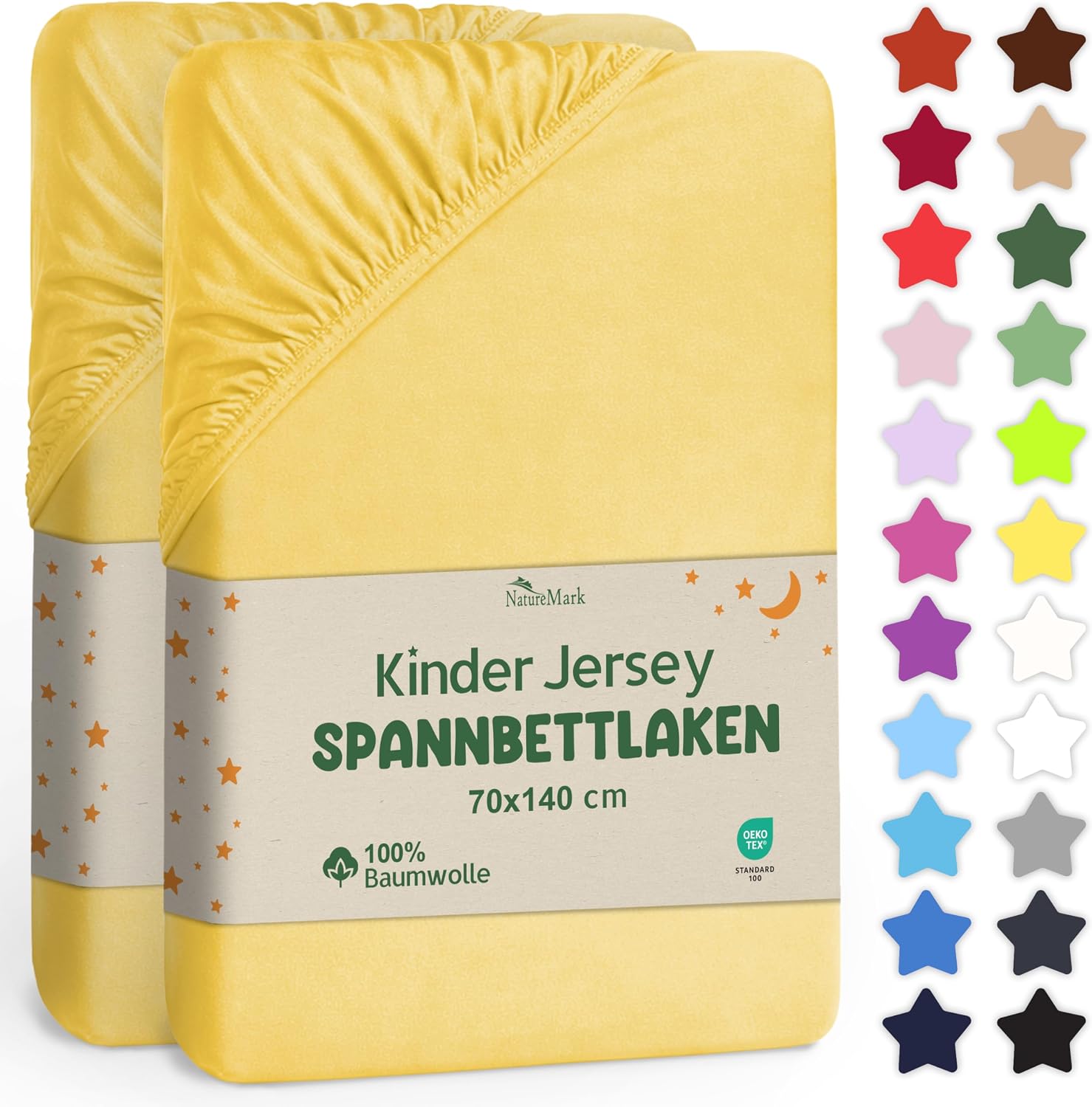 Detalle de NatureMark Spannbettlaken 70x140 cm – 2er Set aus 100% Baumwoll-Jersey, Gelb