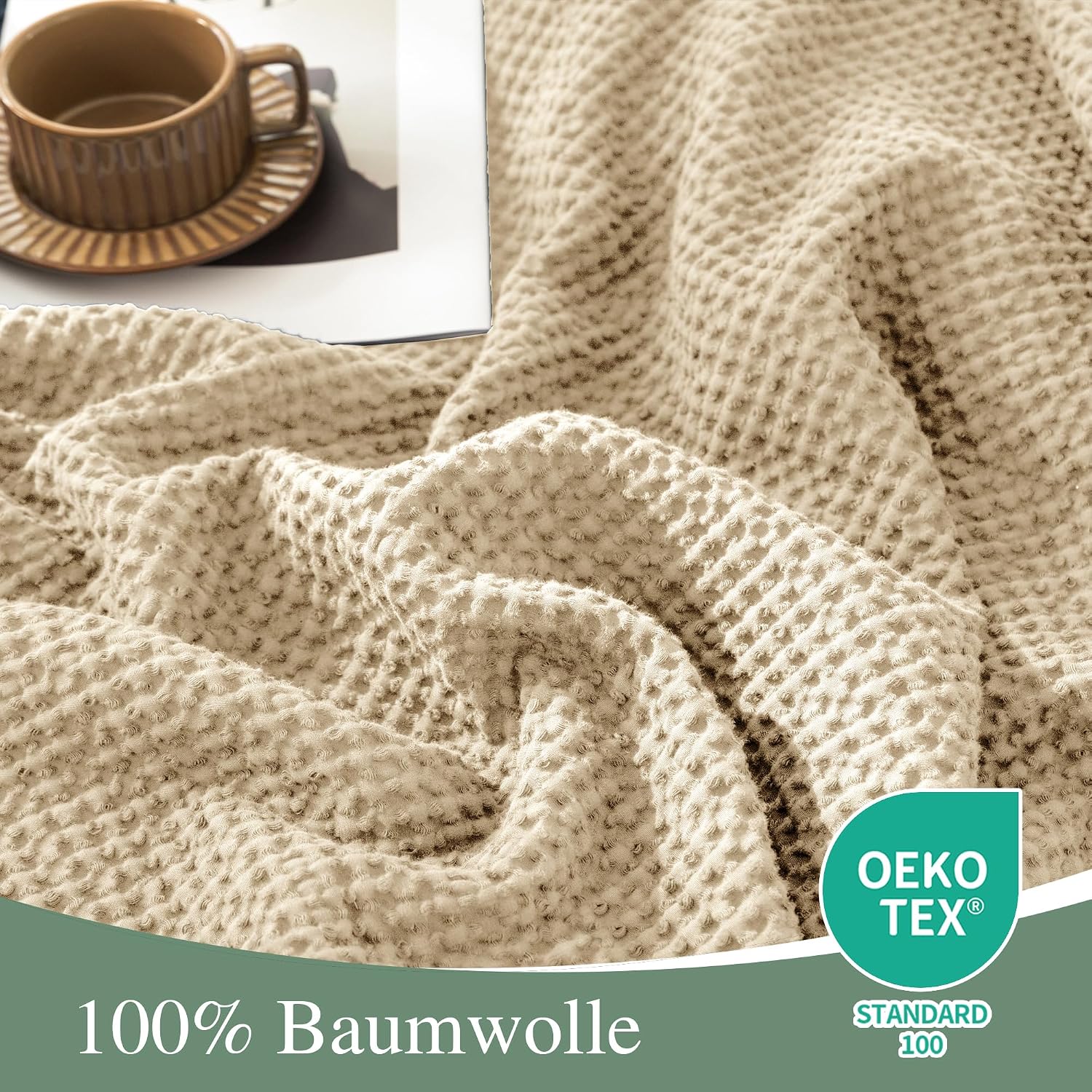 Detalle de CHUFFED Decke aus 100% Baumwolle 150 x 200 cm – weiche Tagesdecke mit Waffelmuster