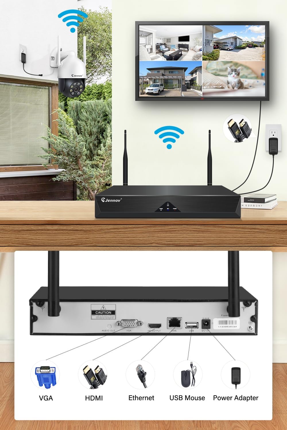 Thumbnail 4 de Kit videosorveglianza WiFi Jennov 5MP+PTZ con NVR 10CH e HDD 1TB (4 telecamere 5MP 360° PTZ)