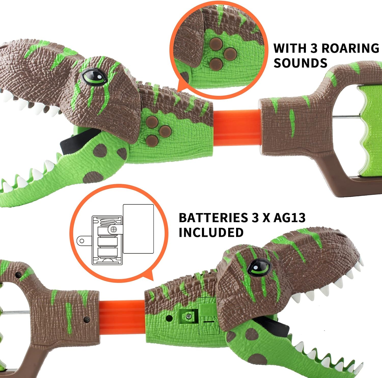 Detalle de DINOBROS Dinosaur Chomper Toys: 13.6-Inch Light & Sound T-Rex Reacher with 3 Roars