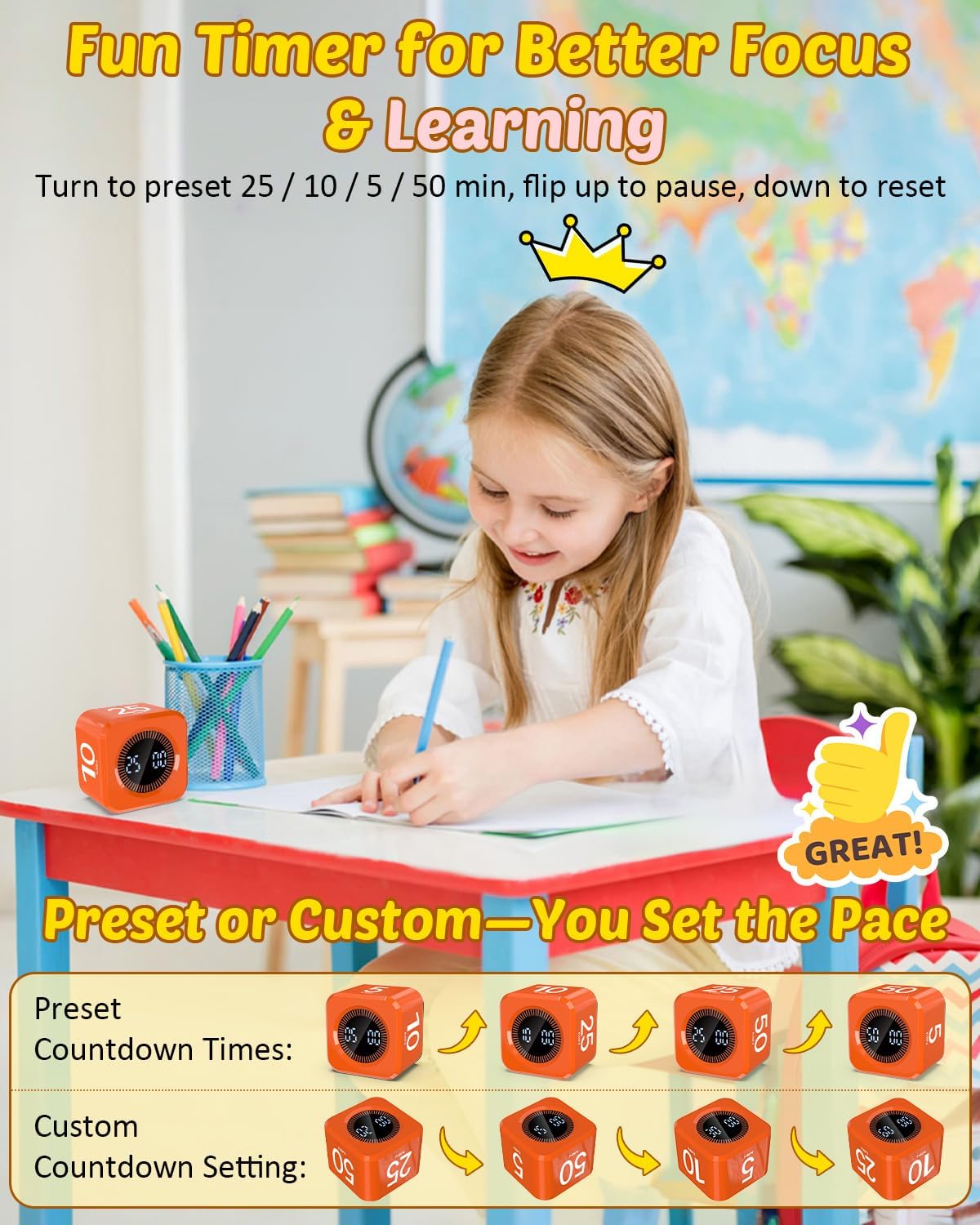 Detalle 2 de COWVTUJ Digital Pomodoro Timer Cube (5/10/25/50 min) — Visual flip countdown cube for kids & study