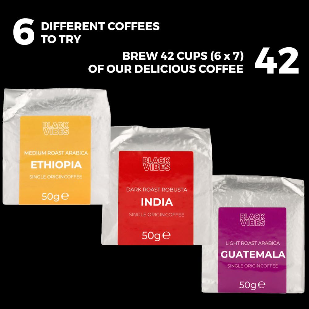 Detalle de Black Vibes Gemahlener Kaffee Geschenkset – WORLD'S COFFEES, 6 sortenreine Single-Origin-Kaffees, 300 g