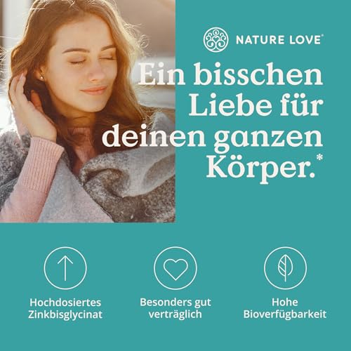 Detalle 2 de NATURE LOVE® Zink - 365 Tabletten (1 Jahr) Hochdosiert 25 mg Zink-Bisglycinat – vegan, laborgeprüft, in Deutschland entwickelt