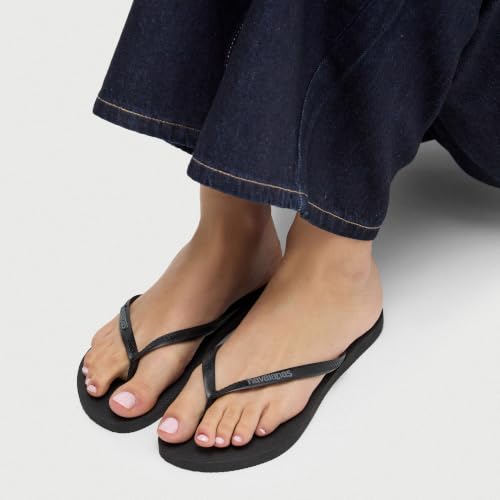 Detalle de Havaianas Slim Logo Pop Up Damen FlipFlop Black/Steel Grey – Slim-Design mit Kontrastlogo