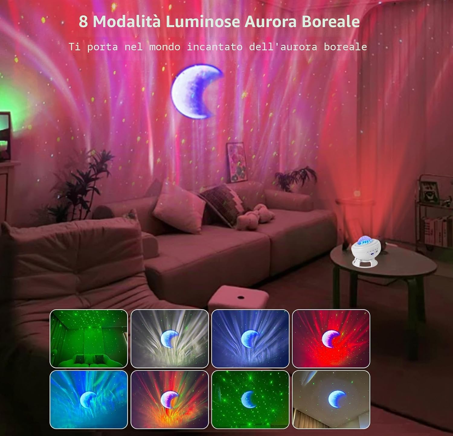 Detalle de Proiettore Stelle Soffitto LED con Lettore Bluetooth: 8 animazioni aurora boreale, altoparlante integrato e ricaricabile