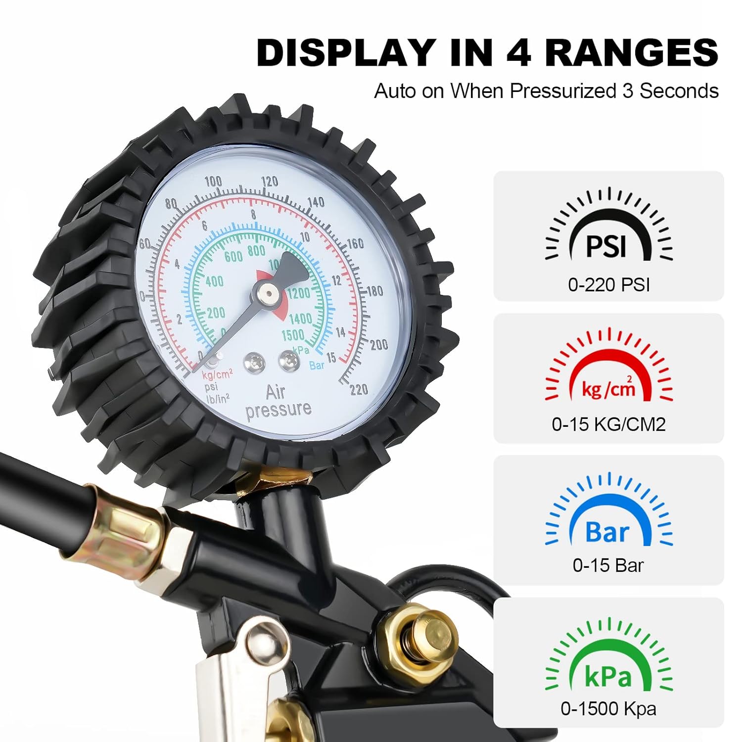 Detalle de VSSHE Tyre Pressure Gauge – 220 PSI with Rubber Hose and Valve Core Tool