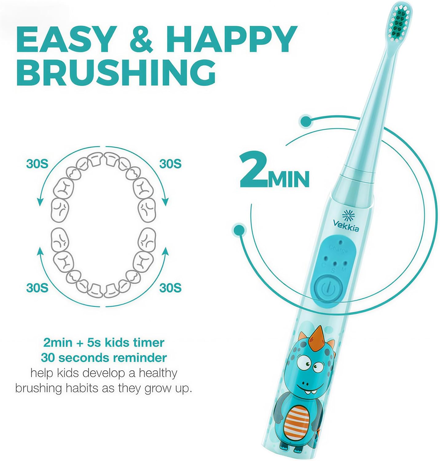 Thumbnail 2 de Vekkia Sonic Rechargeable Kids Electric Toothbrush (IPX7, 3 Modes, 2-Min Timer, 24000 Strokes) — Blue