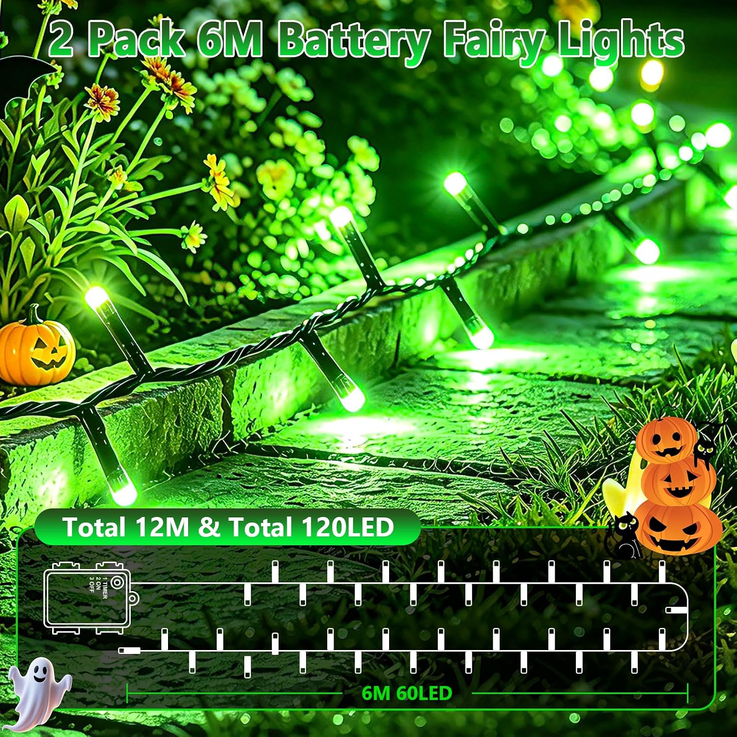 Detalle 2 de Joolivo 2 Stück Halloween Lichterkette Outdoor – 12 m, 120 LEDs Grün