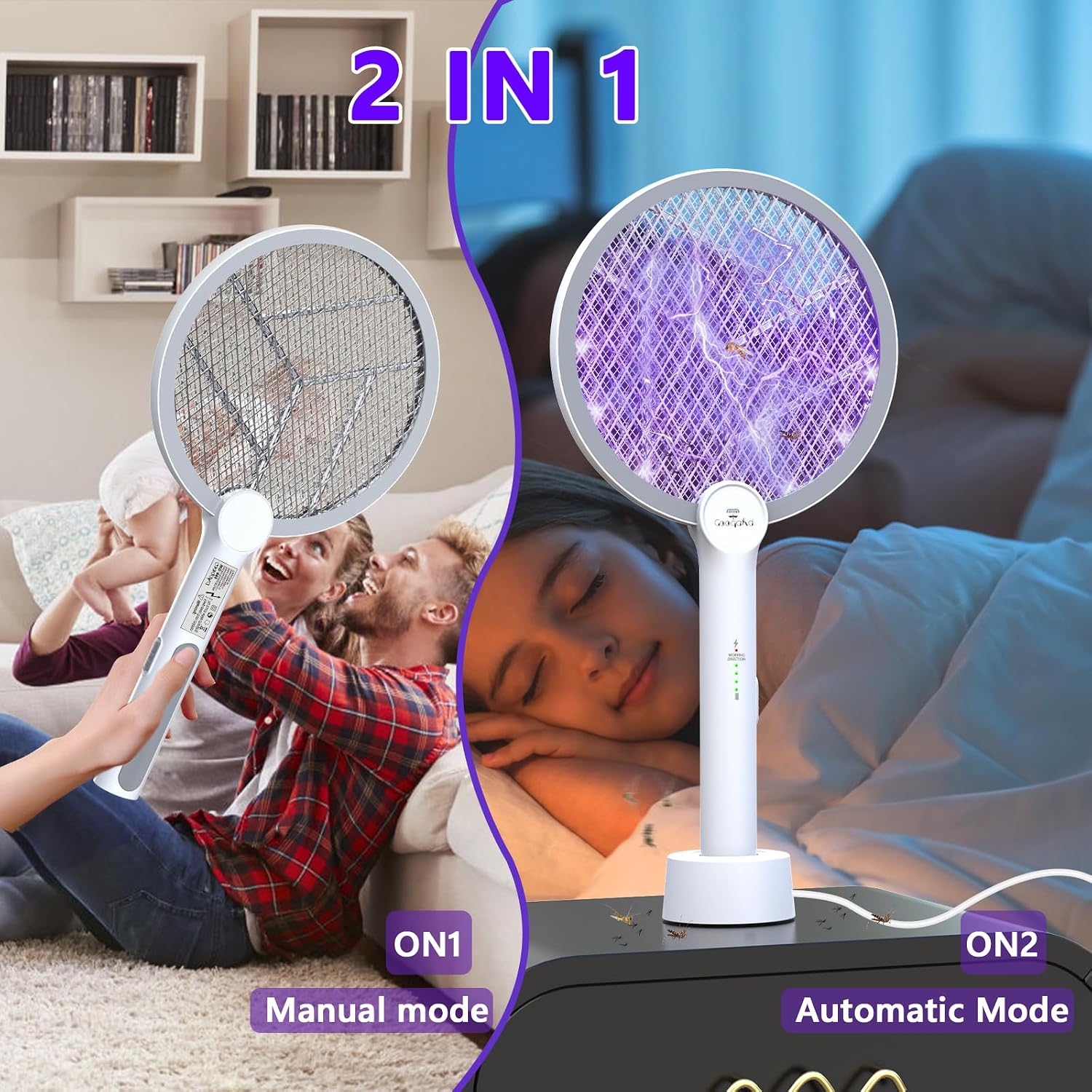 Detalle 2 de GooQand Electric Fly Swatter 4000V Power — USB-C Rechargeable, 2-Mode Bug Zapper with 3-Layer Mesh