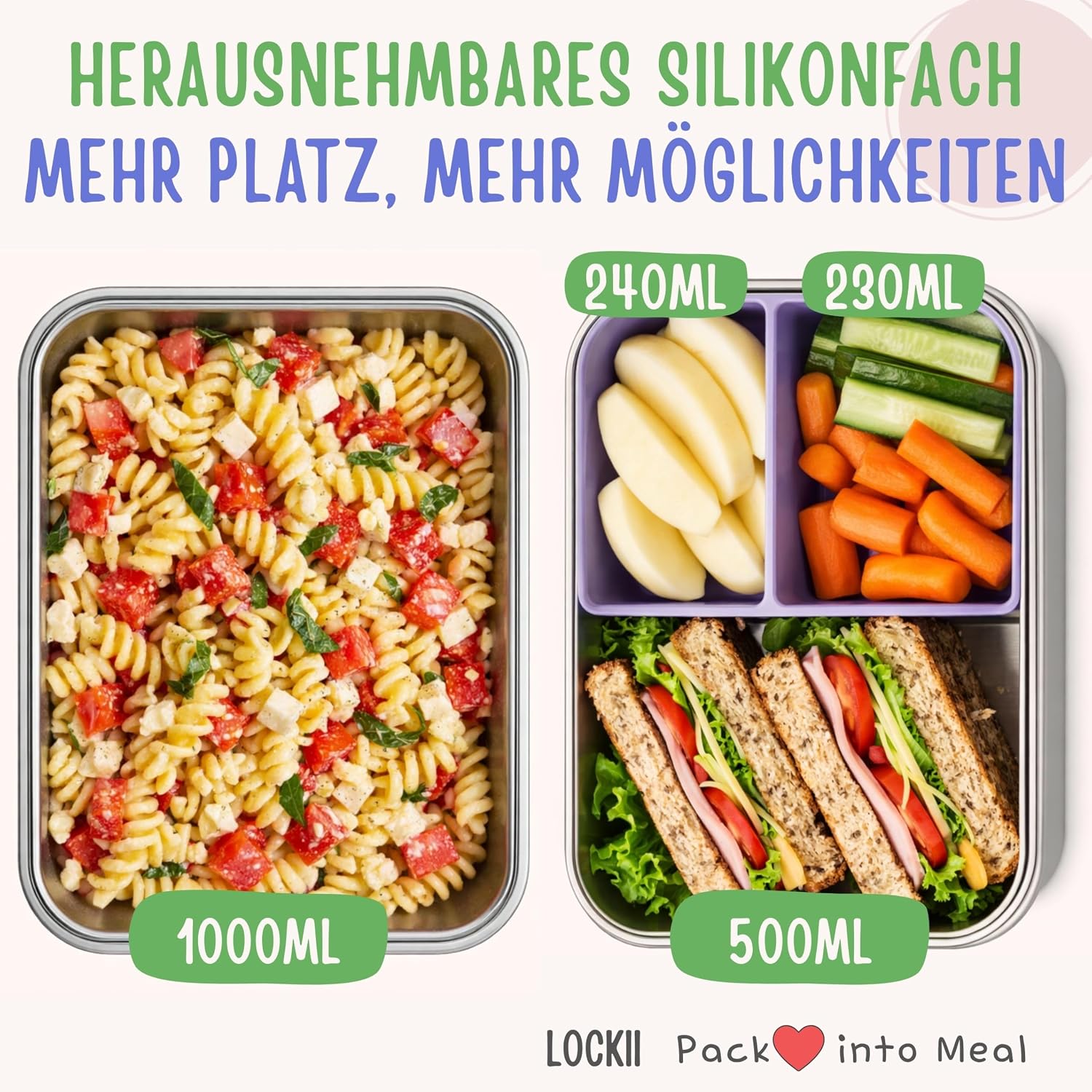 Detalle 1 de LOCKII lunchlåda för barn, 1 000 ml med snackslåda i rostfritt stål